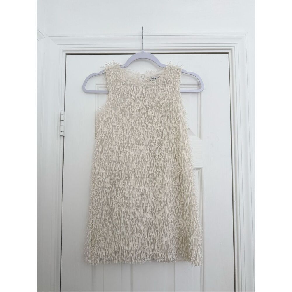 Mama‎ Luma Girls Cream Fringe Sleeveless Crew Neck Bow Feathered Dress Size 9-10